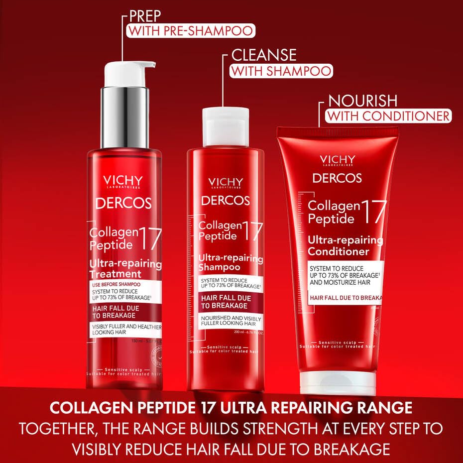 Dercos Collagen Peptide 17 Ultra-Repairing Treatment, 150ml, Anti Hair Fall Pre-Shampoo Bond Repair Hair Treatment, Strengthens, Reduces Breakage, Preps & Protects