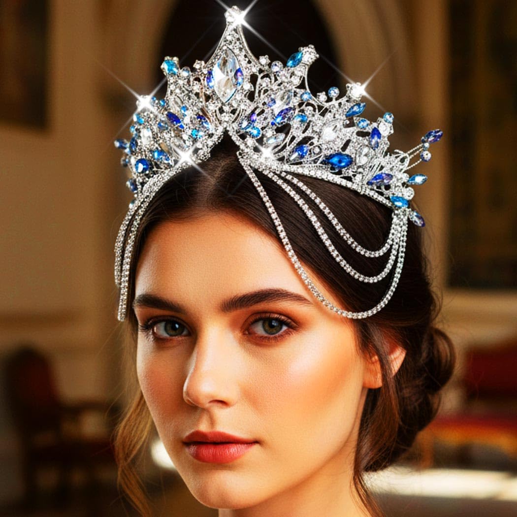 Kilshye Blue Rhinestone Wedding Tiaras and Crowns Silver Crystal Bridal Headband Prom Hair Accessories for Women