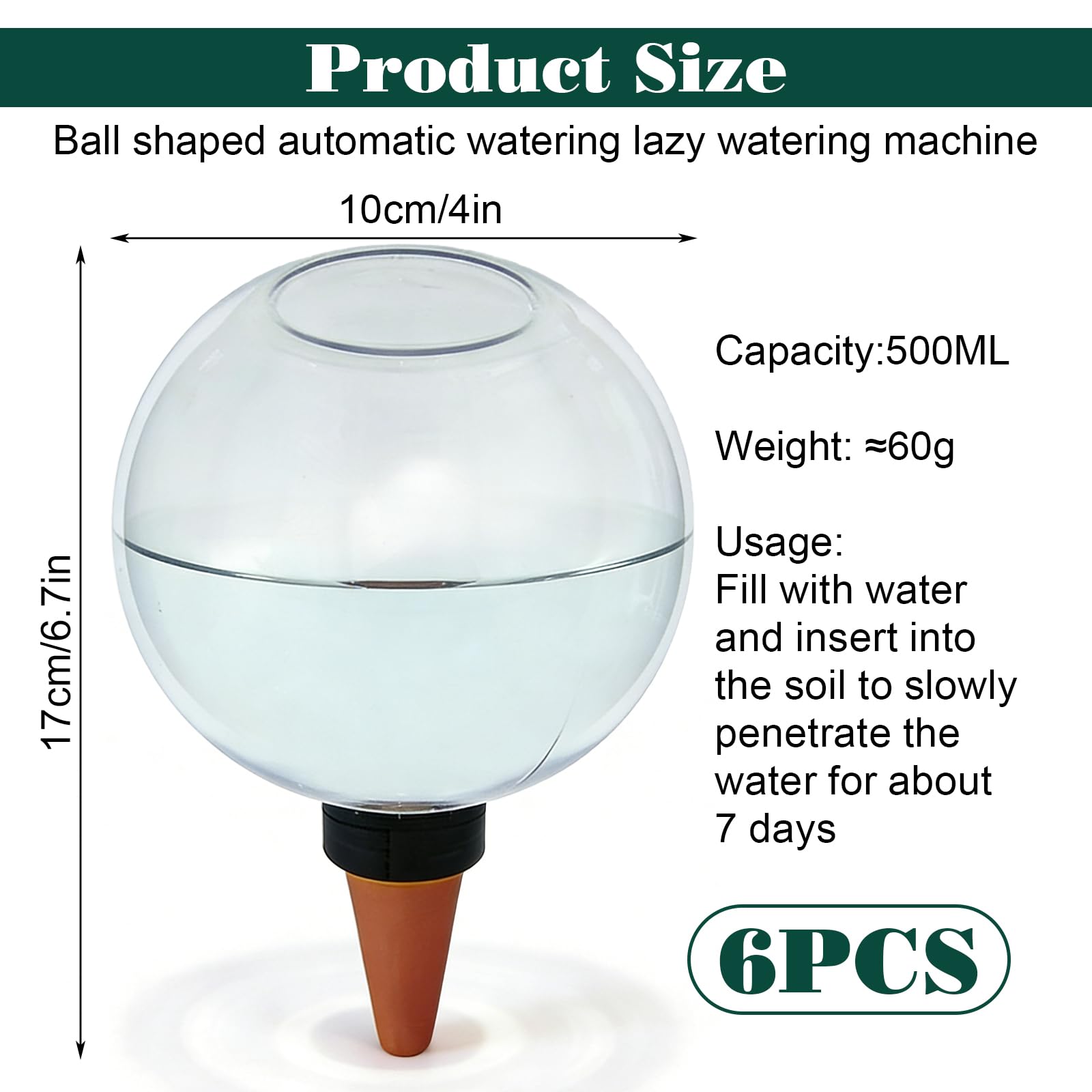 Lot de 6 boules d'irrigation pour plantes - 500 ml - Auto-arrosage - Grande boule d'arrosage - Distributeur d'eau pour plantes - Arrosage automatique des plantes de chambre et plantes de jardin