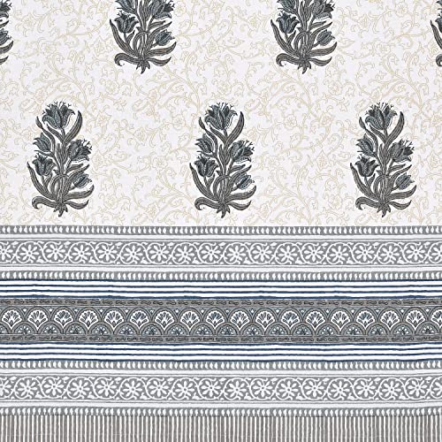 Image of BLOCKS OF INDIA Hand Block Printed Cotton Daylight Curtains with Eyelets (Set of 2 Curtains, Flower 1, 5 Feet /Windowsemi Sheer, White,Grey)
