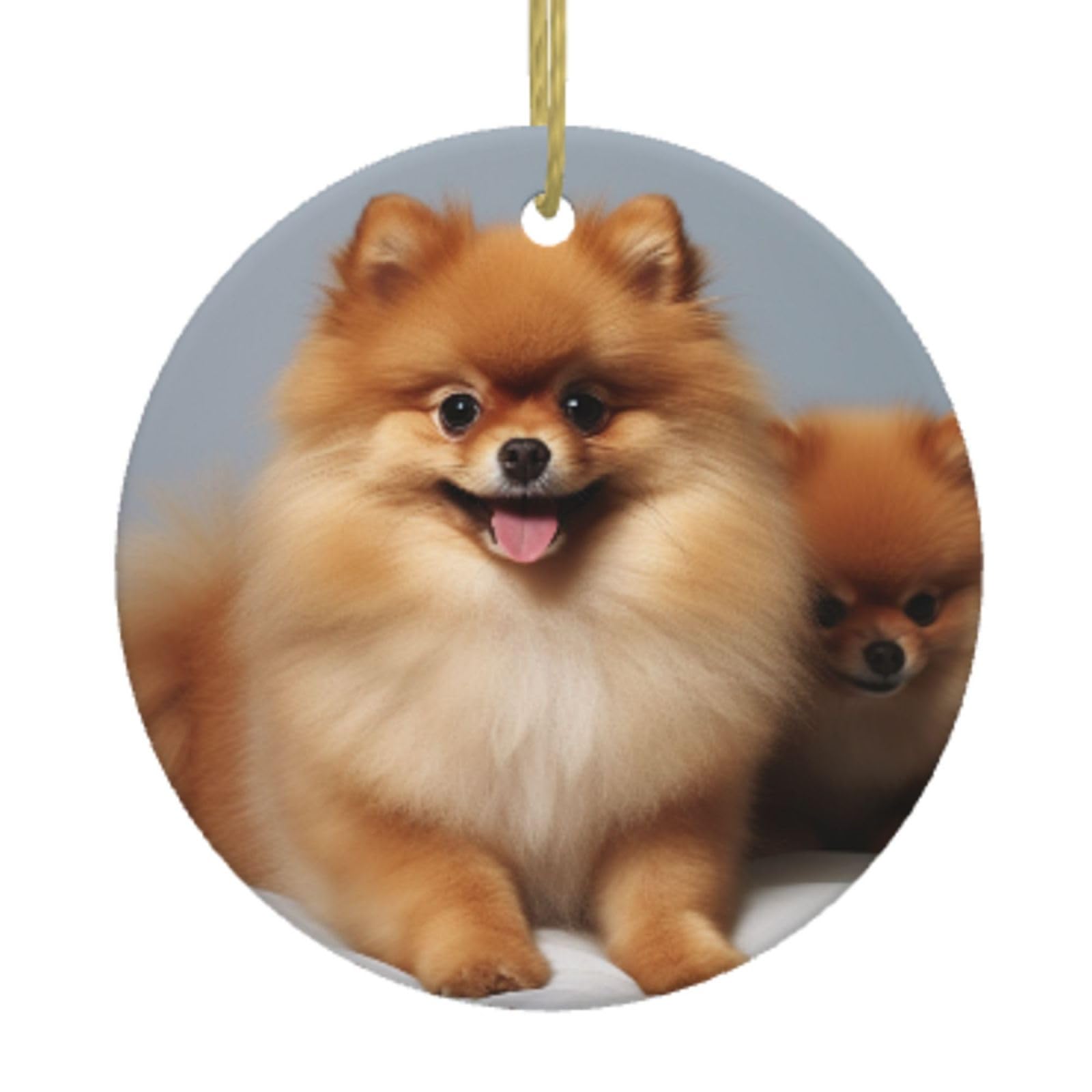 Ceramic Christmas Tree Hanging Ornaments with Gold Ropes Christmas Tree Decorations Round Ceramic Cute Pomeranian Pendant Keepsake Decorations for Holiday Xmas Gift Ideas