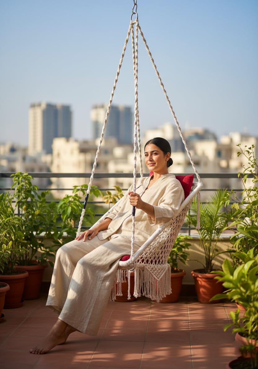 Patiofy Rectangle Shape Swing/Swing For Balcony/Swing Chair For Adults For Home/Hammock Swing For Adults/Jhoola Jhula W/ Red Square Cushion & Hanging Kit- White-Polyester,91 Cm,66 Cm,156 Cm