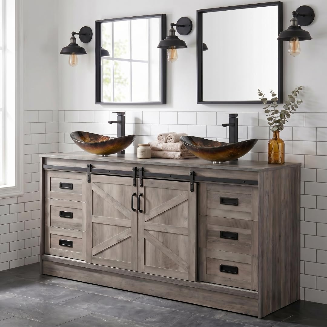 SOLIDEE 60-inch Barn Door Bathroom Vanity with two gold boat glass vessel sinks