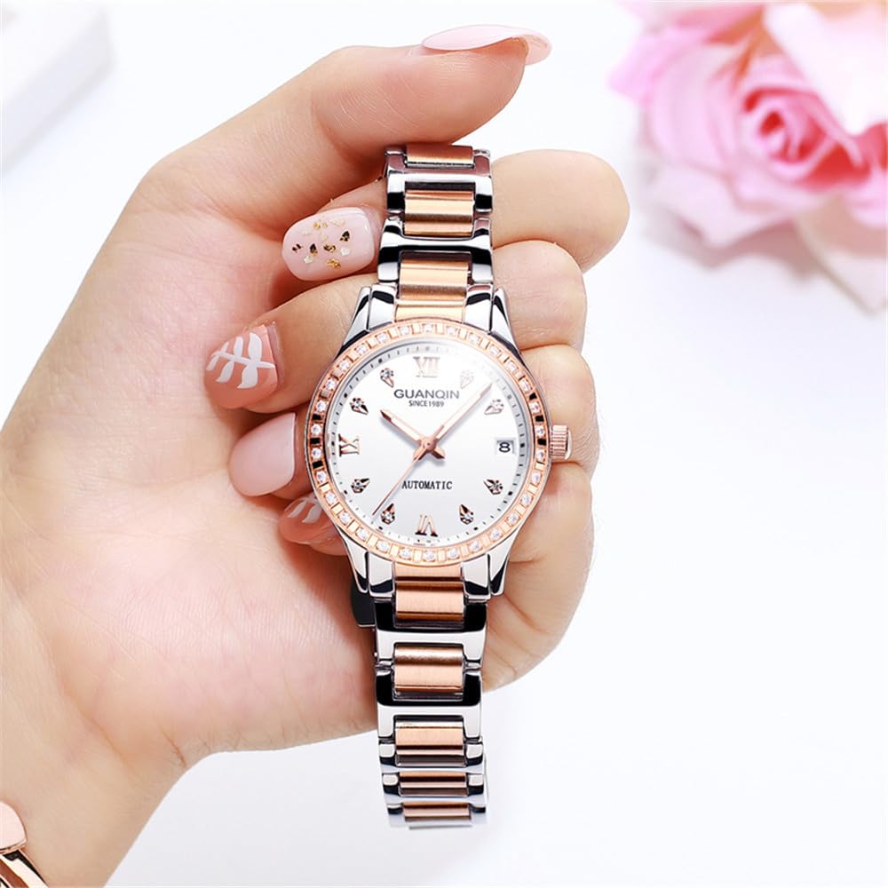 Guanqin Vintage Frauen Kalender Leuchtend Automatisch Selbstaufzug Mechanische Armbanduhr Saphir Kristall Strass Business Wasserdicht Uhr Lady Stilvolle Edelstahl Armbanduhr