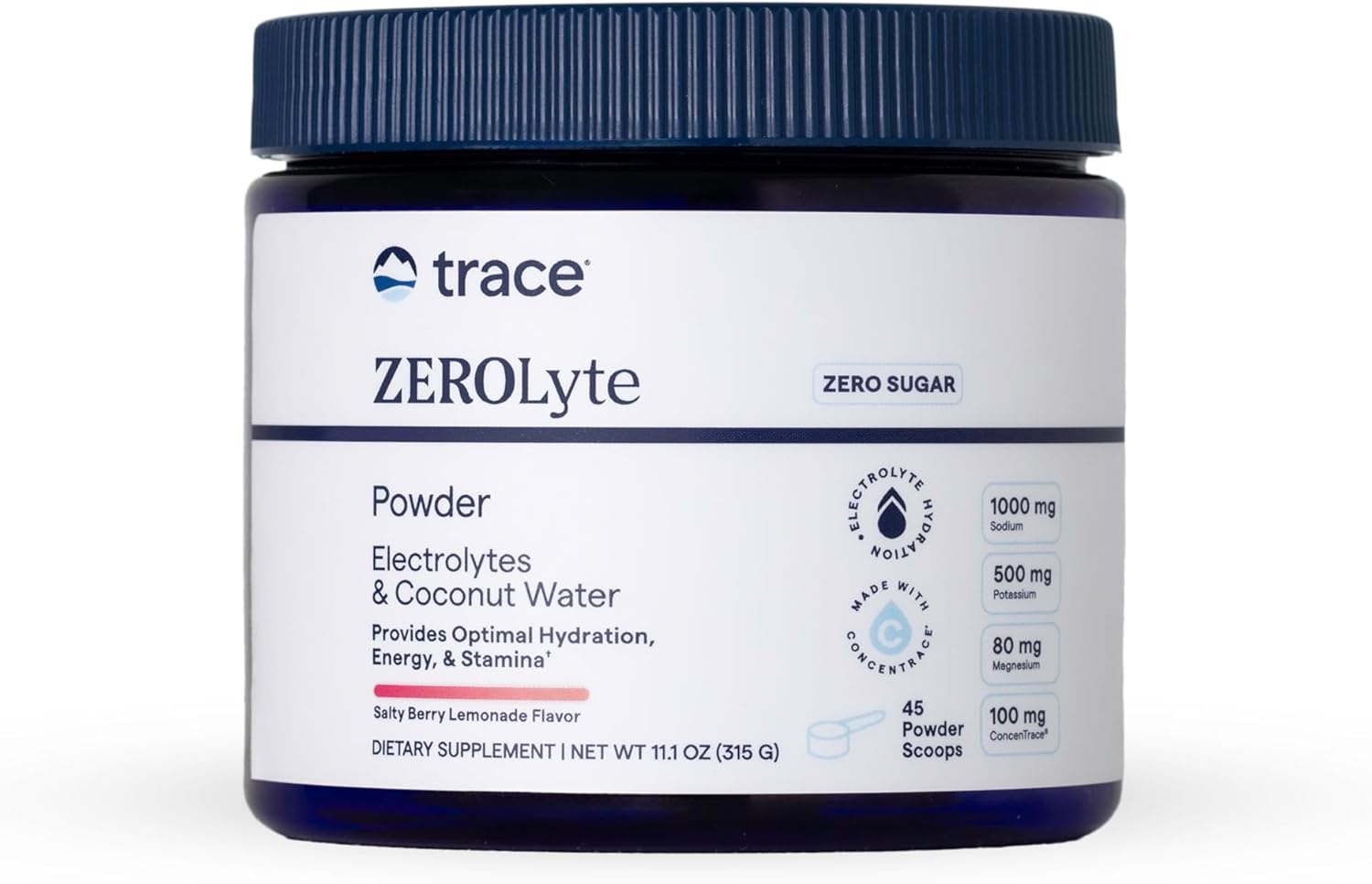 Trace Minerals ZeroLyte Salty Berry Lemonade Flavor - Sugar Free Electrolyte Drink Mix - Supports Hydration, Energy, Stamina - Ancient Sea Salt, Full Spectrum Minerals, Coconut Water - 45 Servings