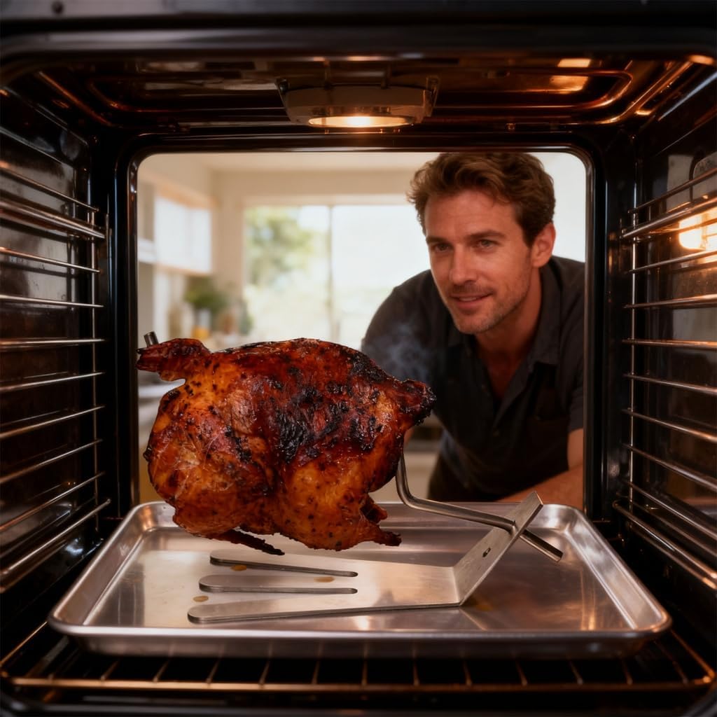 Commercial Grade Chicken Rotisserie Rack Heat Immune Rustless Construction Accommodates Baking Dishes and Current Ovens