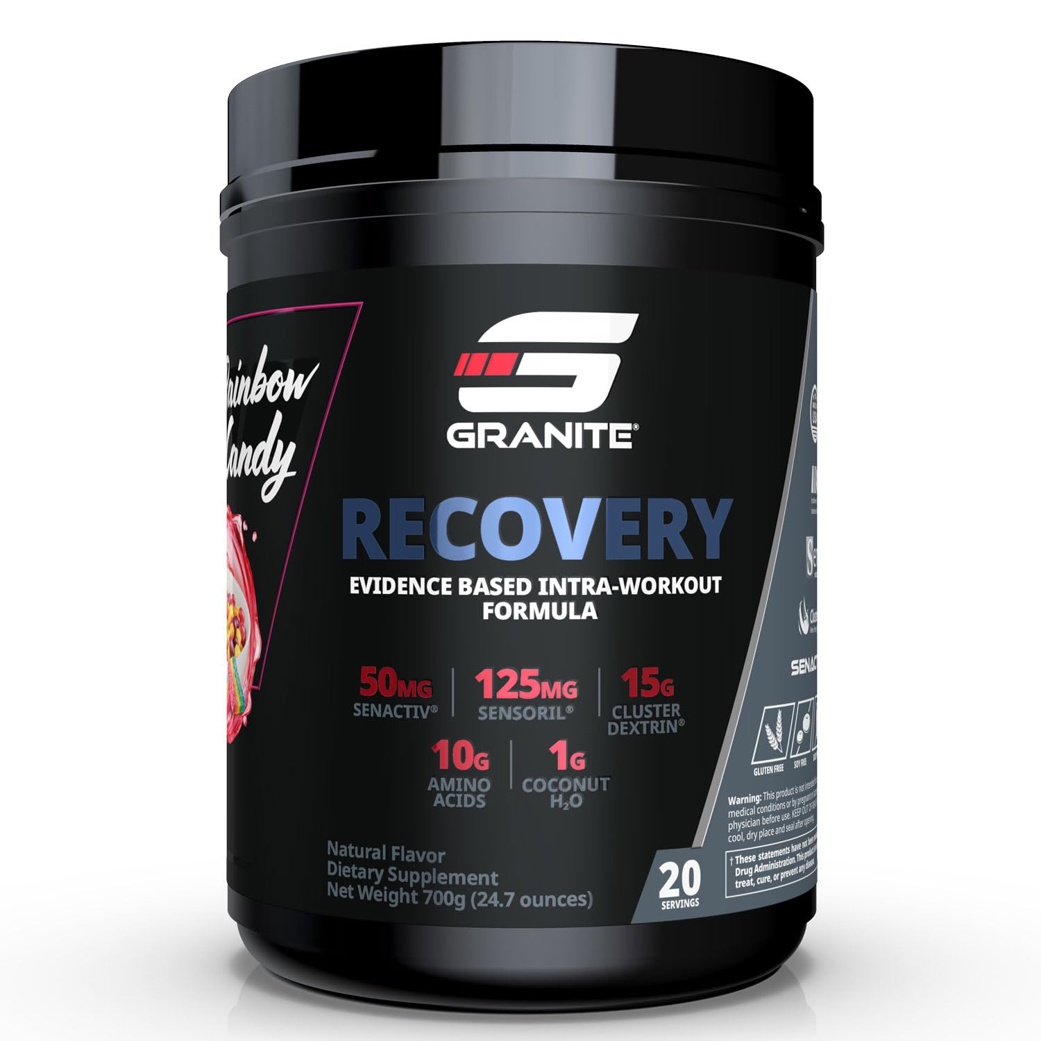 Granite Supplements Suplemento intra-treino com aminoácidos essenciais, dextrina cíclica, Sensoril e Senactiv, sabor Rainbow Candy, 20 porções