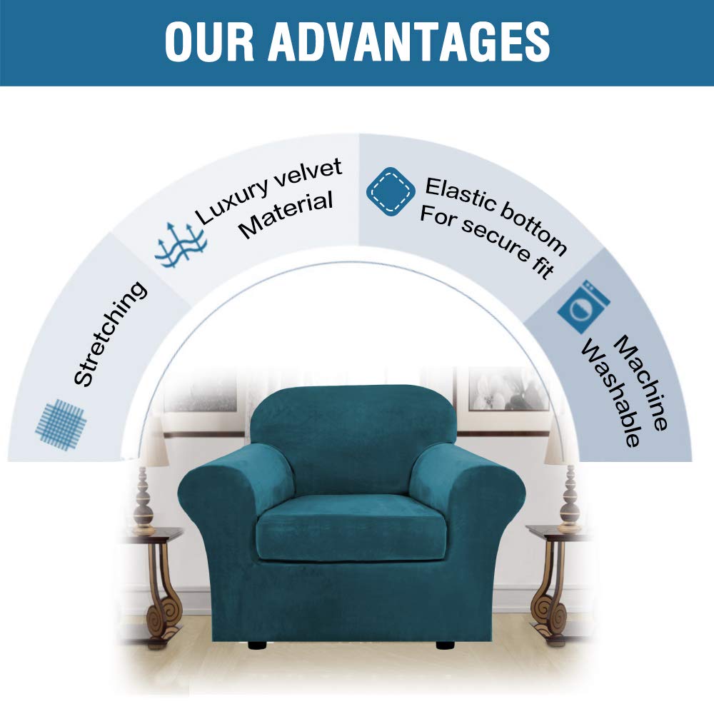 Rich Velvet Stretch 2 Piece Chair Cover Chair Slipcover Sofa Cover Furniture Protector Couch Soft with Elastic Bottom Chair Couch Cover with Arms, Machine Washable(Chair, Deep Teal)