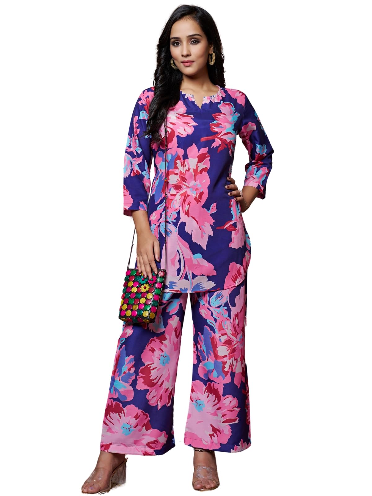 Leriya Fashion Women Ethnic Kurta Set | Rayon Co-Ord Set | Fancy Pajama Set | Pack Of 2 | Floral Printed Top & Pant Set | Full Pair Set | A-Line Kurta Set For Women | Co-Ord Set (Small, Navy Blue)