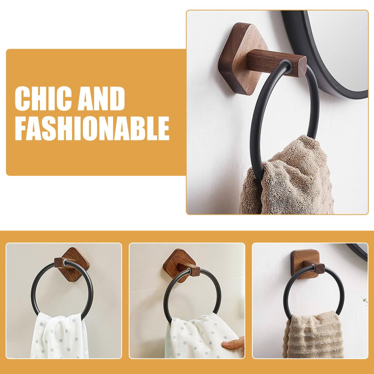 Didiseaon Toallero de Aro para Baño Soporte para Toallas de Mano sin Taladro Estilo Rústico en Madera de Nogal Diseño Seguro Esquinas Redondeadas Adecuado para Baño y Cocina