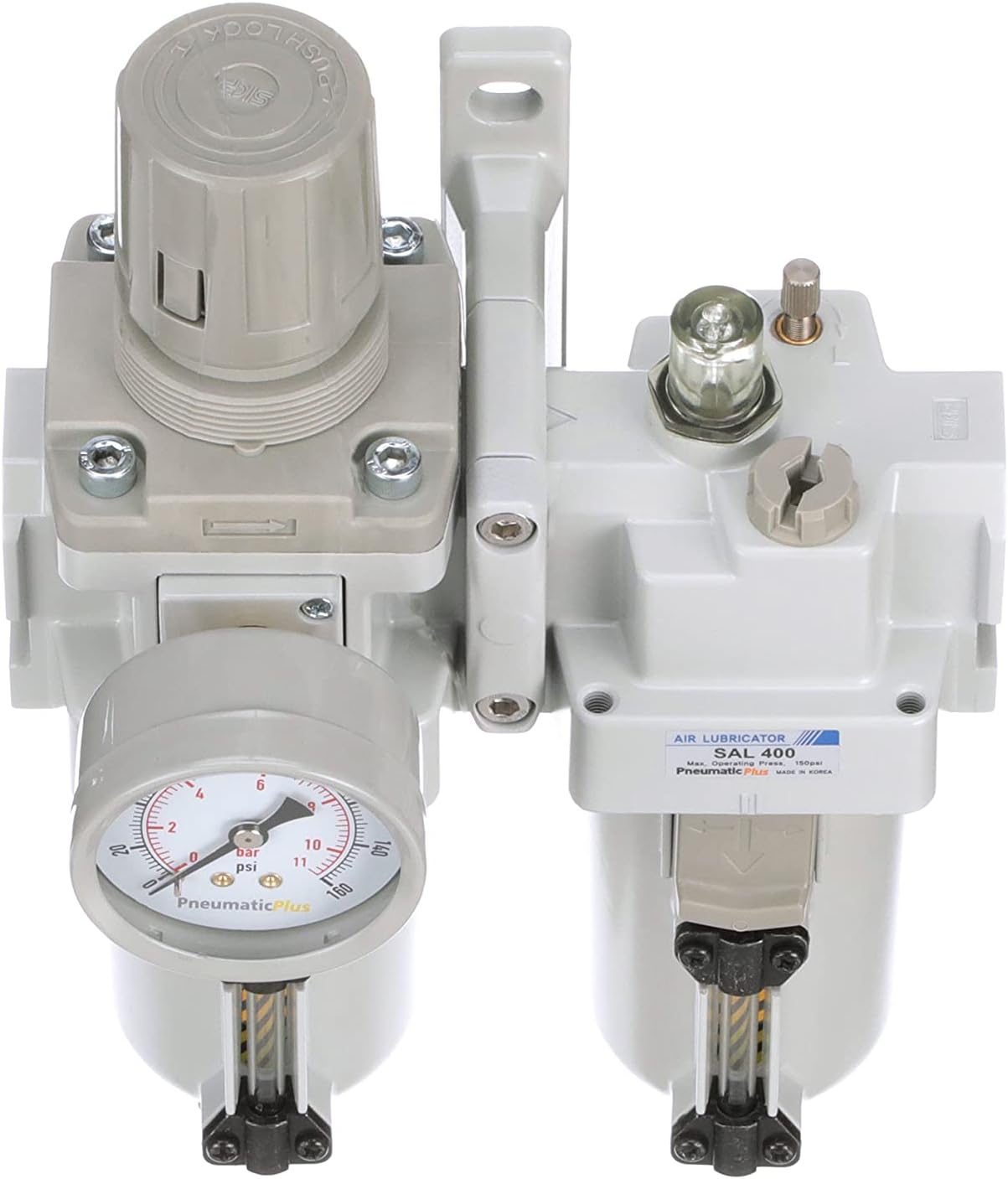 PneumaticPlus SAU410-N04G-MEP Compressed Air Filter Regulator Lubricator Piggyback Combo 1/2" NPT - Metal Bowl, Manual Drain, Bracket, Gauge