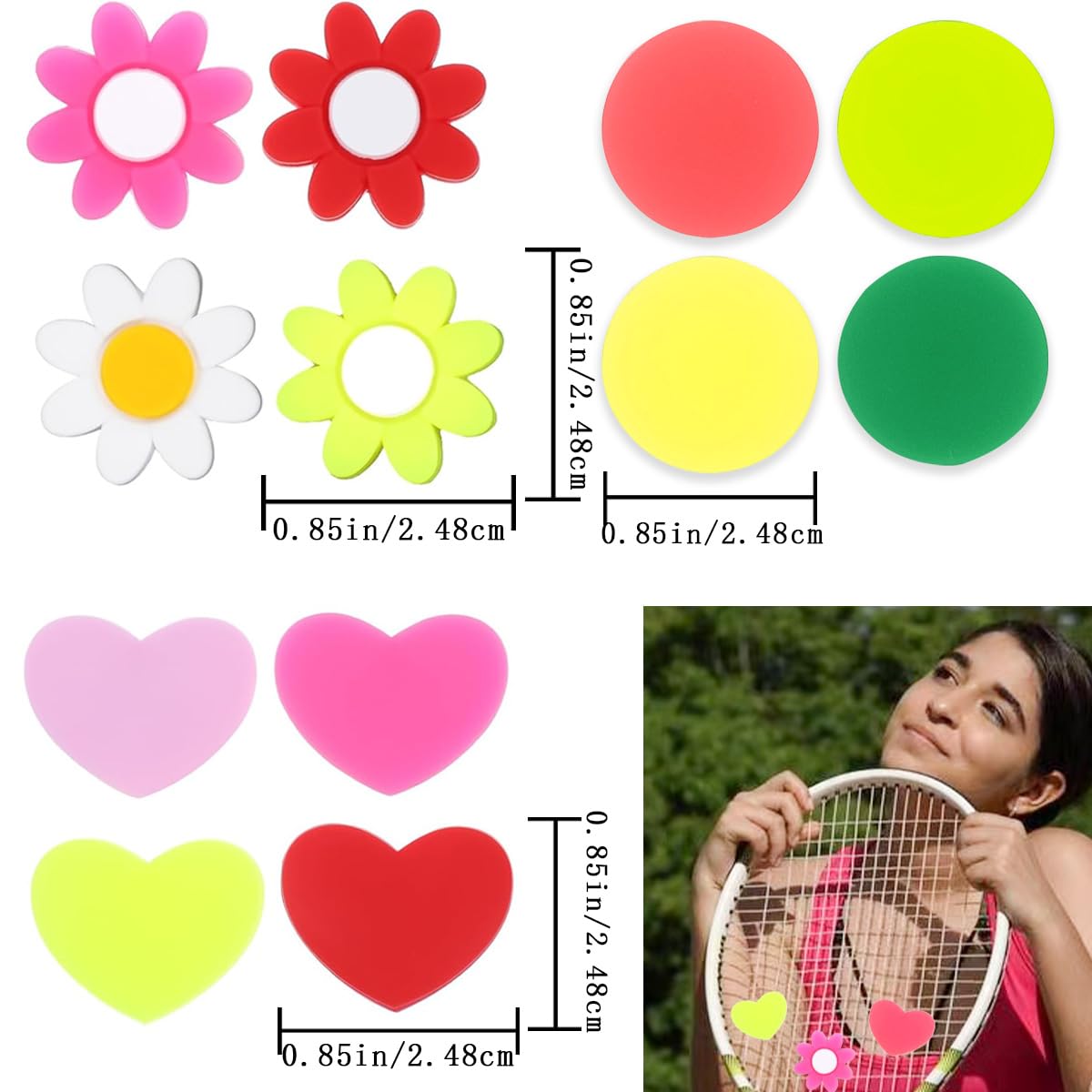 10PCS Tennis Racket Dampener Heart & Flower & Round Silicone Dampener Tool Cute Tennis Supplies Long Tennis Dampener String Tennis Dampener Accessories for Tennis Racquet (Multiple Colors)