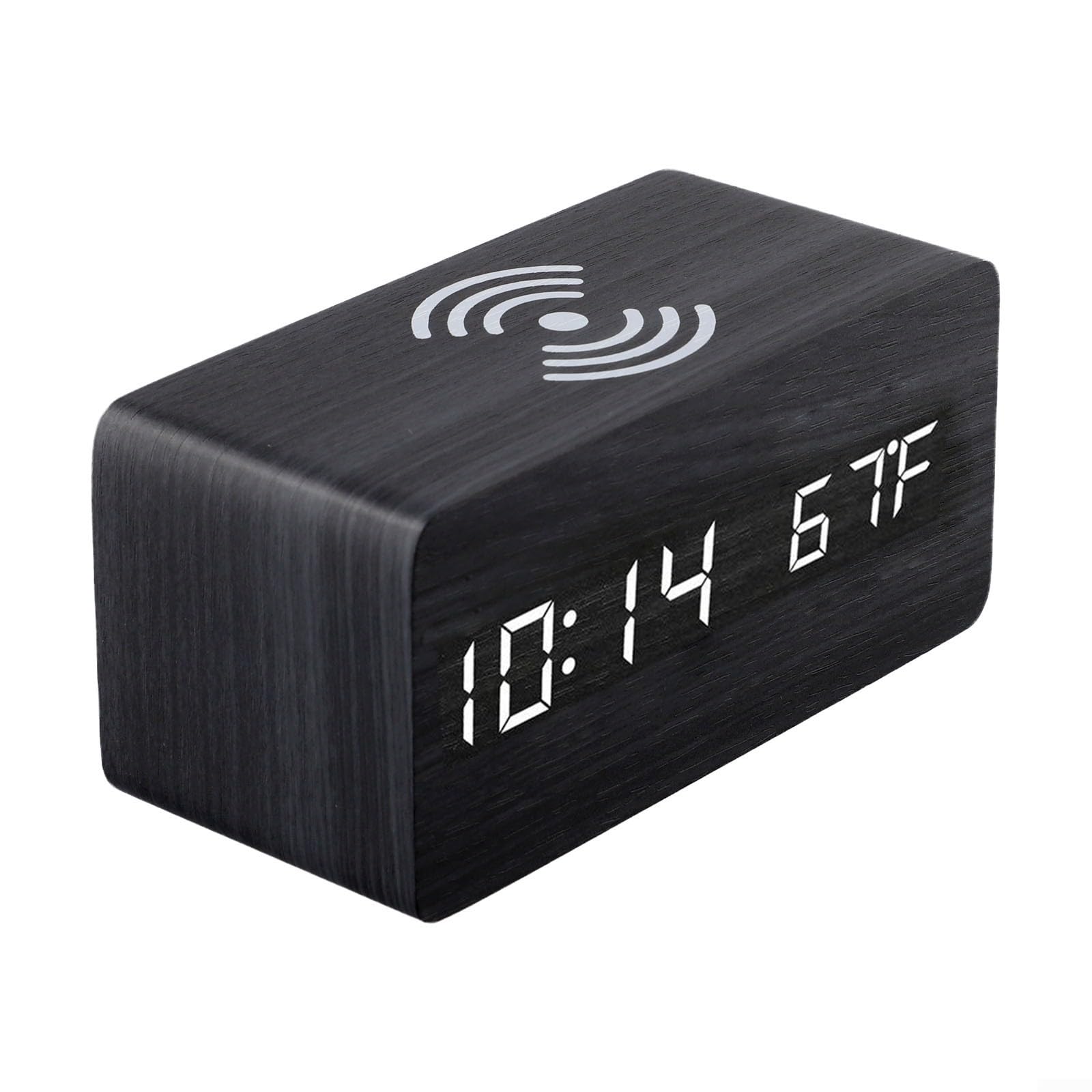 Wooden Digital Alarm Clock with Wireless Charger, LED Display for Time Temperature Date, 5W Charging Pad, USB or for battery Powered, Auto Dimming, Modern Decor for Bedroom Office(D)