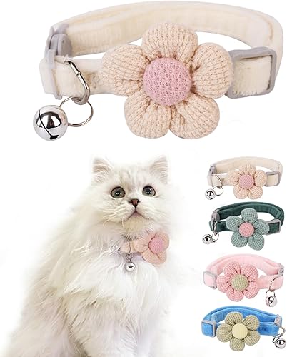 Miniatura 9 de Collar de gato con flor, collares de gato para niñas y gatos, collar de gato con campanas, collar ajustable para gatito, bonito collar de gato