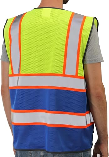 Miniatura 7 de Chaleco reflectante de alta visibilidad en dos tonos con bolsillos y cremallera, cumple con ANSI Clase 2, amarillo con ribete naranja, XL