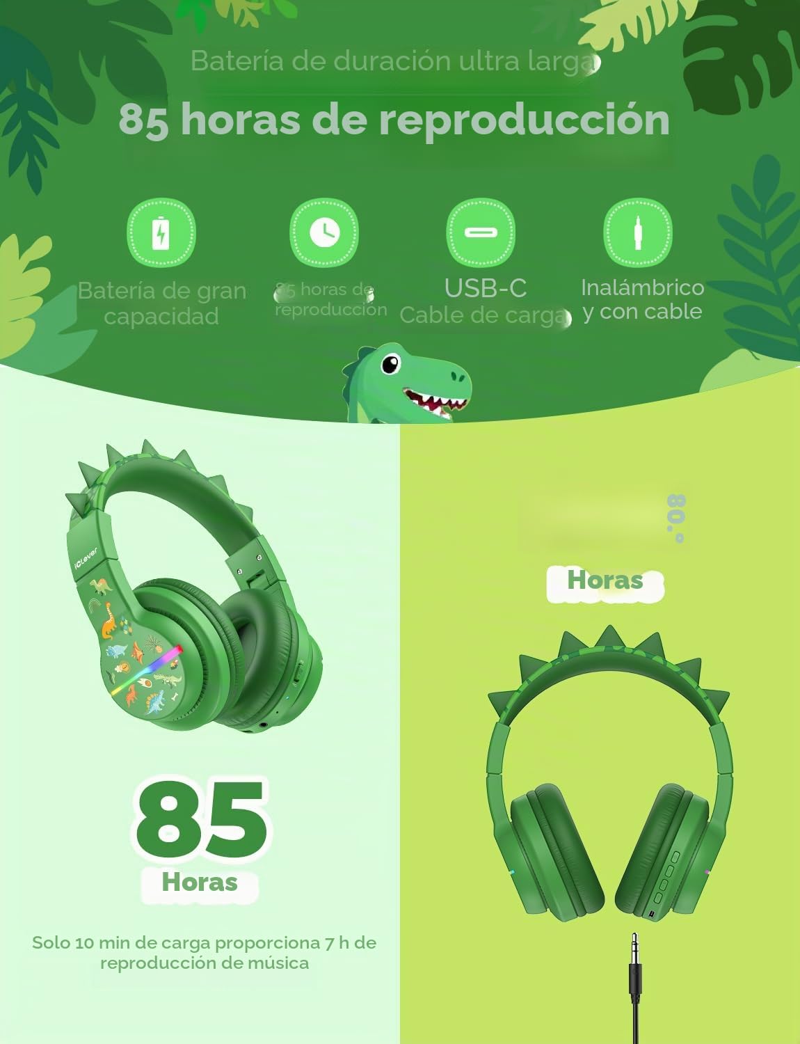 iClever BTH12 - Auriculares Bluetooth para niños, luces LED coloridas, inalámbricos, volumen seguro, tiempo de reproducción de 85 horas, Bluetooth 5.2