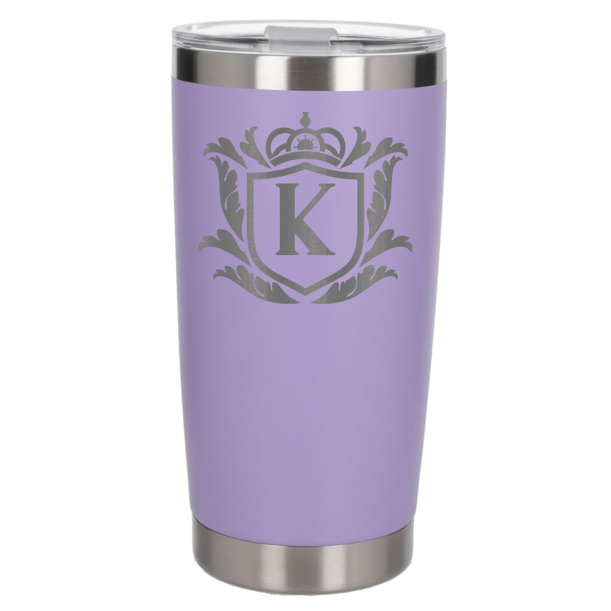 Customised Gifts 500ml Engraved Shield Initial Monogram Insulated Personalised Lavender Travel Mug for Men and Women - Personalised Initial Coffee Travel Mug for Hot and Cold Beverages, Letter K