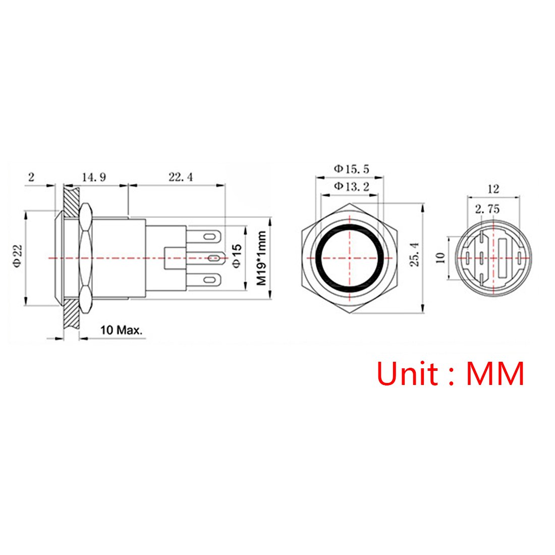 Larcele 19mm Druckschalter mit Kontrollleuchte, DIY 12V Elektrische Schalter,Verriegelung,Schwarz,Wasserdicht,5 Stück JSANKG-09 (Licht Rot) MEHRWEG