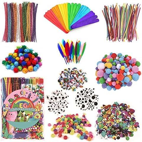 Craft Kits Include Feathers for Crafting,Sequins for Crafting,Self Adhesive Googly Eyes,Pom Poms,Popsicle Sticks,Pony Beads,Pipe Cleaners,Perfect Suit for Kindergarten Home School (1200 Pieces) Cover