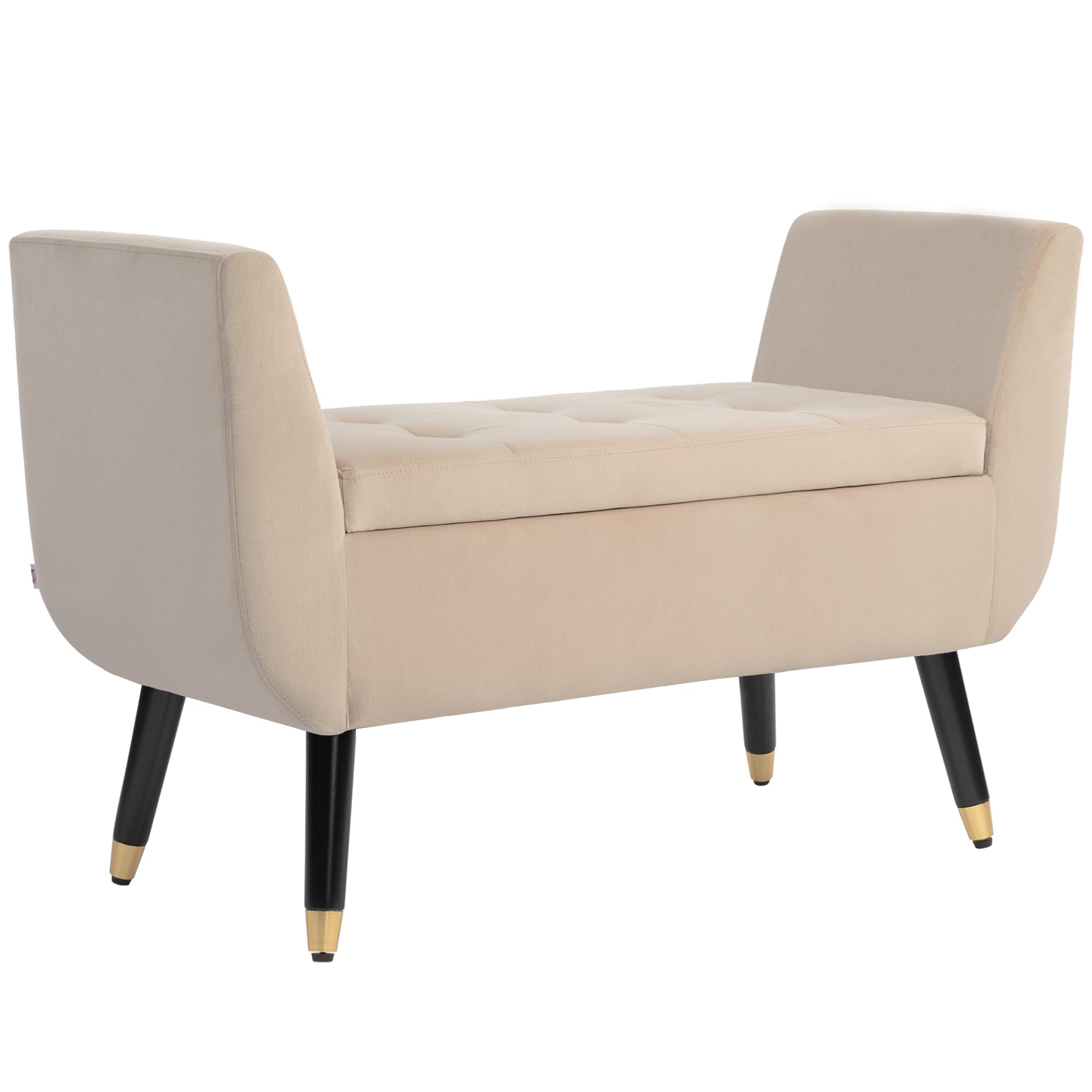 HOMCOM Banc de Rangement avec accoudoirs Aspect Velours - Coffre avec Pieds en Bois - pour Salon, Chambre à Coucher, Couloir - 107 x 42 x 65 cm - Beige