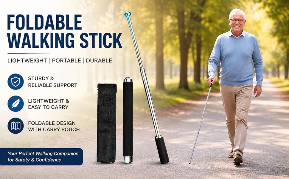 Image of Premium Stainless Steel Collapsible Walking Stick - Lightweight & Extendable Folding Cane with Non-Slip Grip | Compact Foldable Walking Cane for Hiking, Trekking & Seniors, Pack of 1