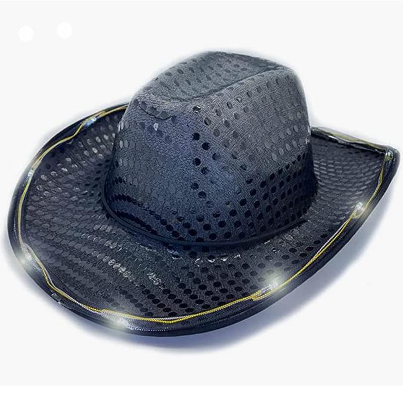 LED Lights Cowboy Hat LED Flashing Cap Hat Xmas Christmas Party Celebration Party Cosplay Western Cowboy Cowgirl Hats Festival Gift Foldable Wide Brim Caps Black - Image 4