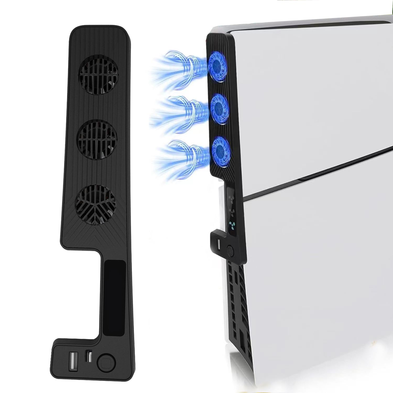 CENXI For PS5 Slim Cooling Fan, New Playstation 5 Slim Console Accessories Cooler with USB Port and 3 Adjustable Quiet 9500-Speed Fans, Cool LED Light for PS5 Slim Digital/Disc Edition System (Black)