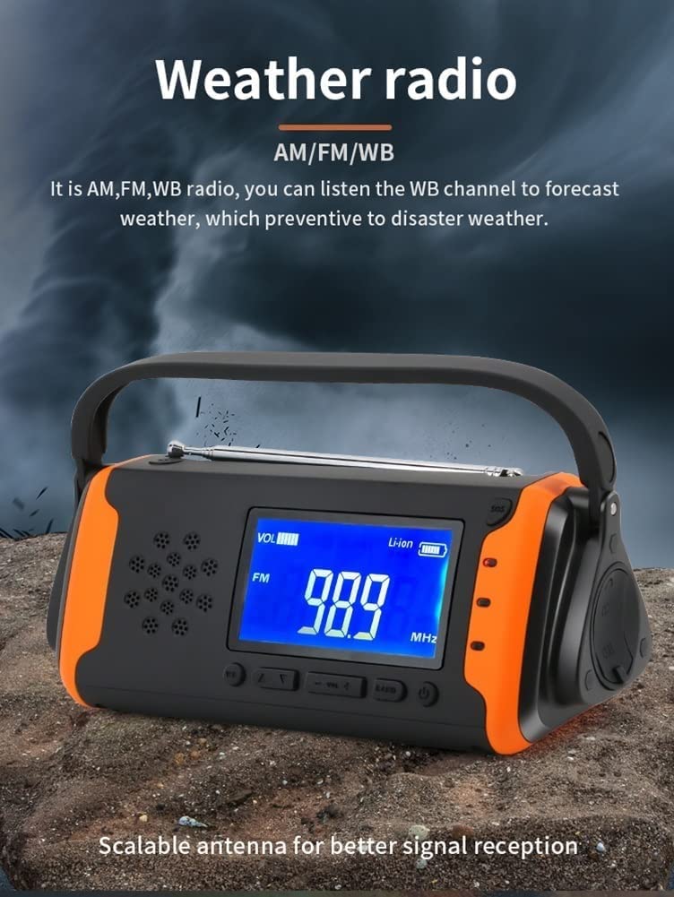 Radio d'urgence, Radio solaire portable multifonction Fm/Am Radio météo, avec écran LCD, charge USB, alimentation par batterie 4000 mAh, torche LED, utilisation d'urgence for la maison et l'ext
