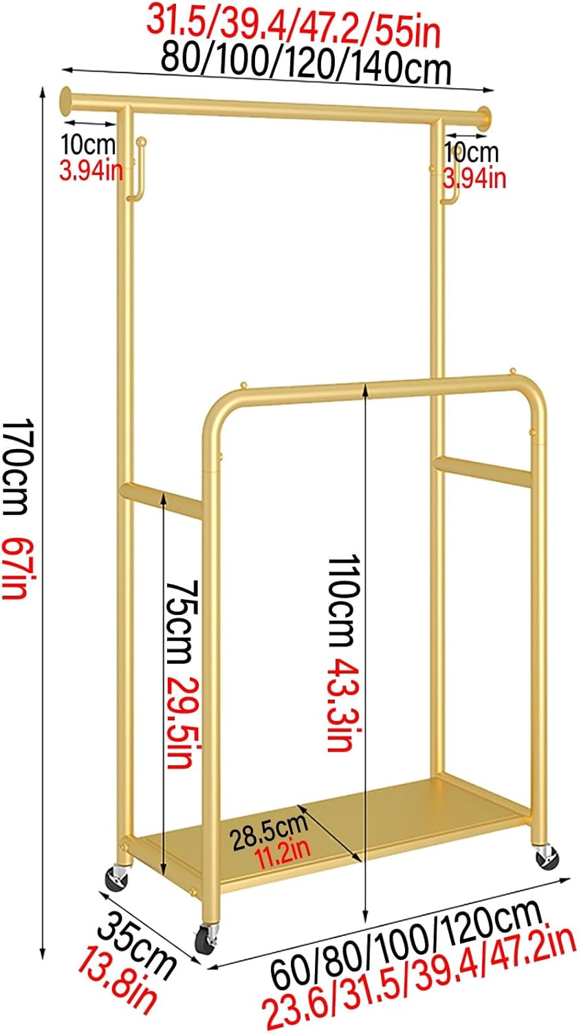 頑丈なダブルロッド洋服ラック、キャスター付き、ポータブルメタルガーメント、丈夫なゴールドコートを掛ける、寝室用、120cm (47.