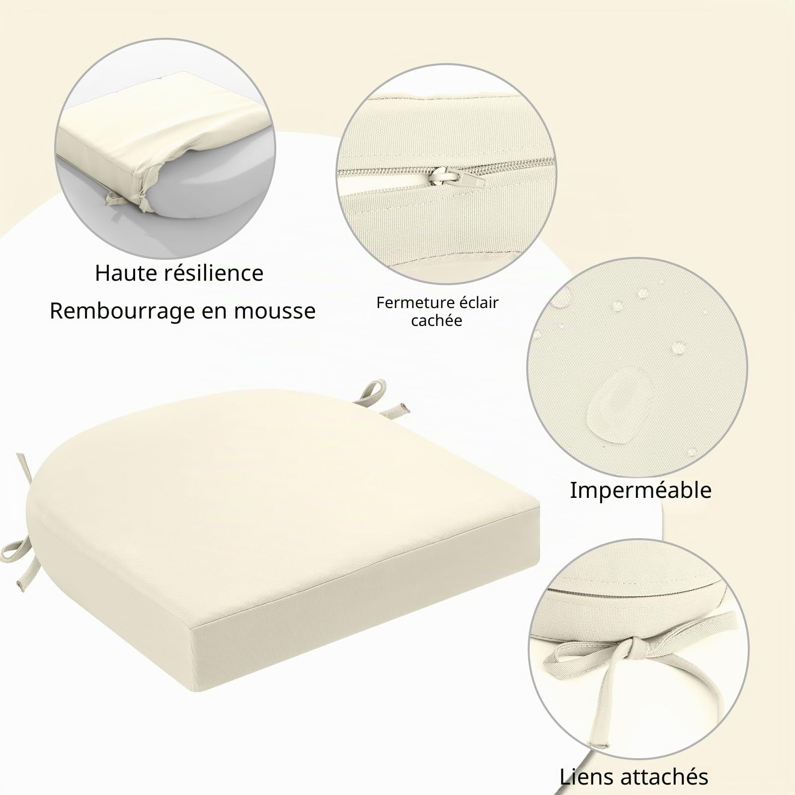 Ensemble de 2 coussins pour chaises de jardin extérieur, épais de 7 cm, coussins imperméables pour patio avec attaches, coussins de siège pour chaises de jardin, 45 x 45 cm, Beige