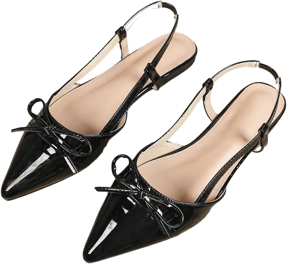 Women's Slingback Flat Bow Leather Pointed Toe Low Heel Ballet Flats Sandals Dressy Party Work Shoes