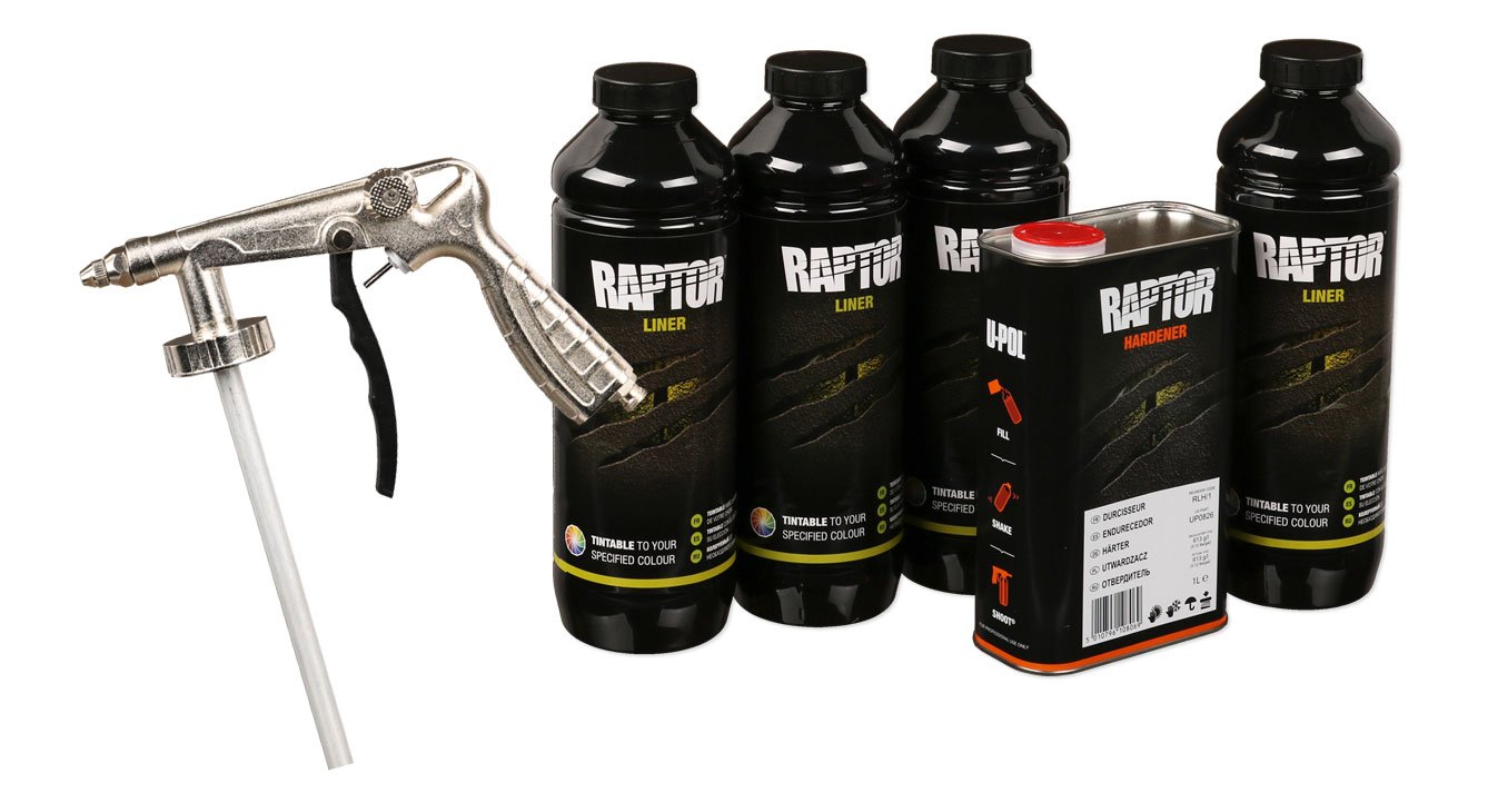 UPOL RAPTOR einfärbbar/farblos Pick Up Transportflächen Fahrzeug Beschichtung einfärbbar 3,79 Liter + AllorA Unterbodenschutzpistole