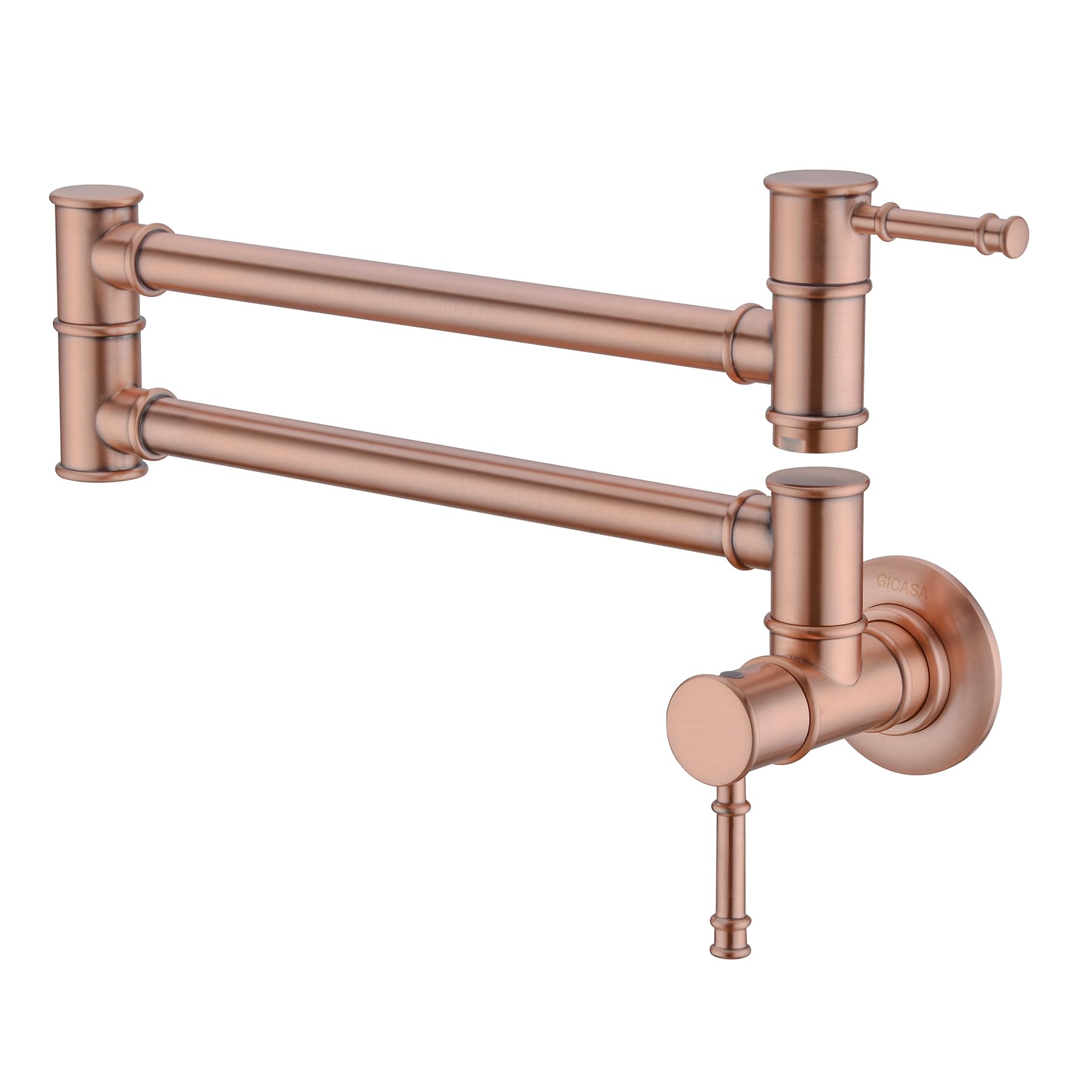 GICASA Pot Filler Faucet Wall Mounted, Double Joint Swing Arm Single Hole Kitchen Faucet with Two Handles, Brass Folding Stretchable in Red Copper