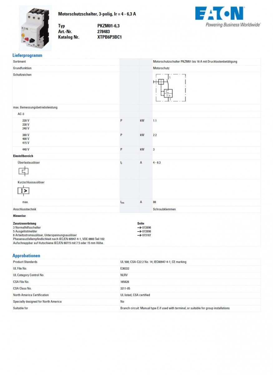 EATON PKZM01-6,3 Interruptor Protector de Motor, 3P, 6.3A