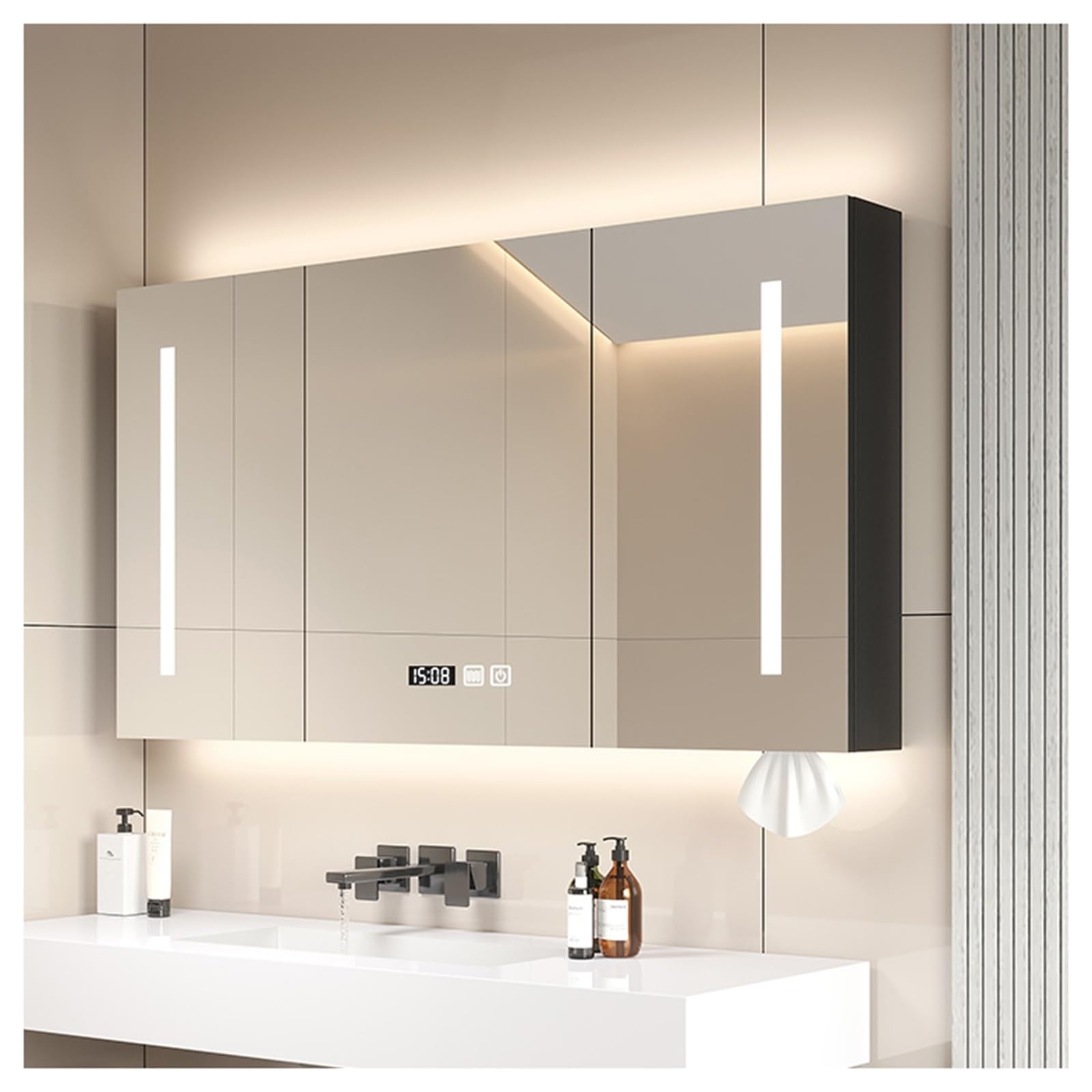 LED-Badezimmer-Spiegelschrank mit Dimmer, Touch-Schalter, 2-türiges Design, Wandmontage, eingebaut und Aufputz-Optionen, Luftentfeuchter, Farbe A – moderne Waschtisch-Aufbewahrungslösung