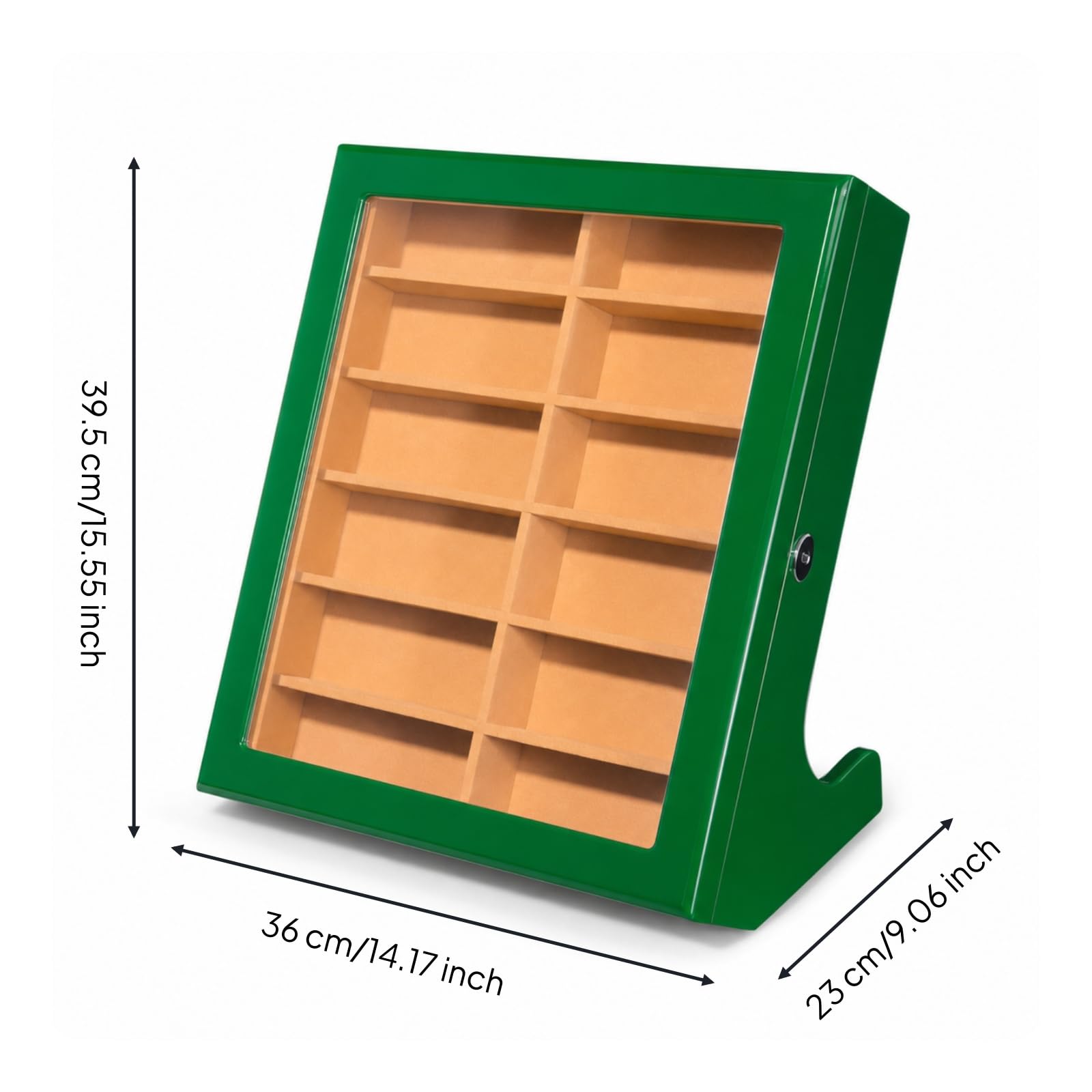 Brillendisplay aus 12 Fächer Brillenaufbewahrungsbox abschließbar Brillen-Organizer für Brillenträger, Sammler, Kommode, Array, Grün Lackiert, Dunkler Samt, Klappdeckel