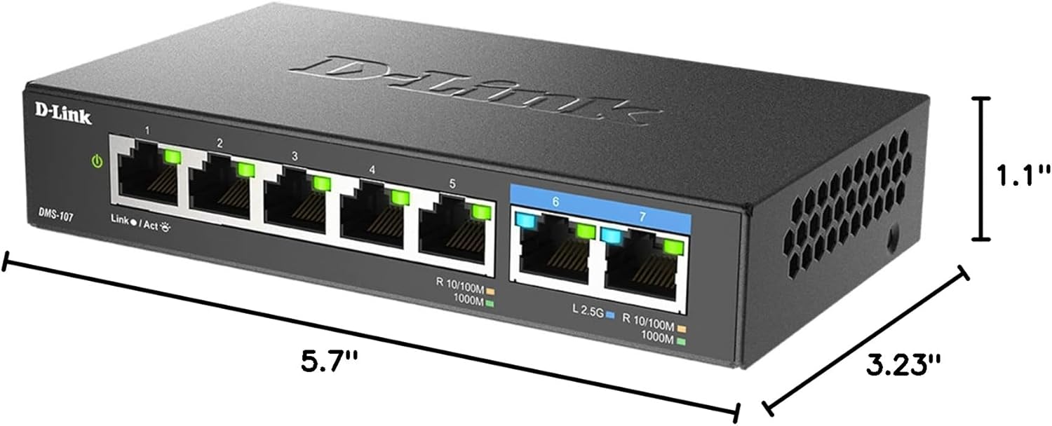 D-Link 7-Port 2.5GB Unmanaged Gaming Switch with 2 x 2.5G, 5 x 10/100/1000 Mbps - Multi-Gig, Network, Fanless, Plug & Play (DMS-107) Black