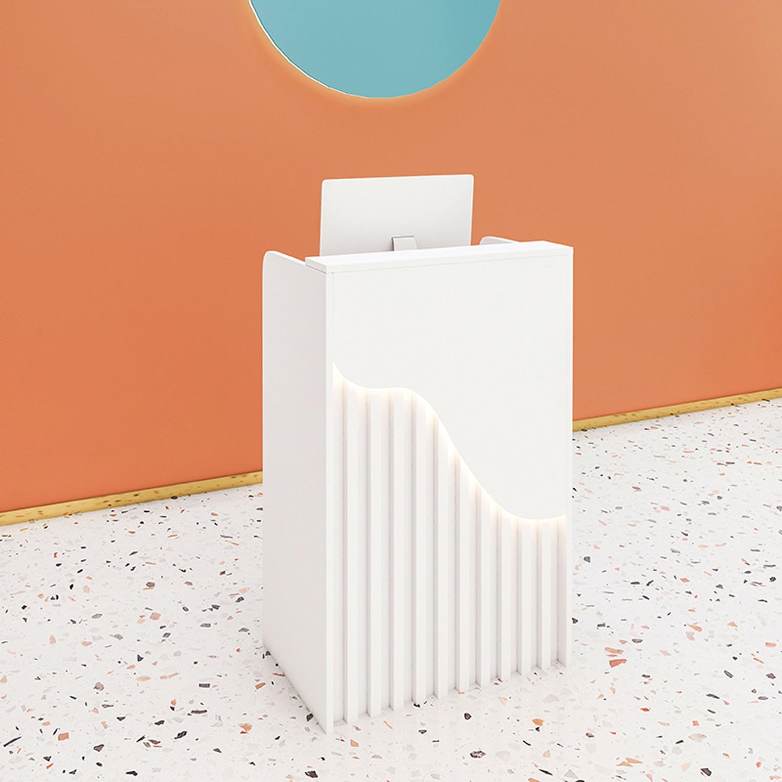 Small Reception Desk, Checkout Counter with Led Lights and Lockable Drawer, Portable Podium Stand, Front Desk Reception Room Table for Checkout Office