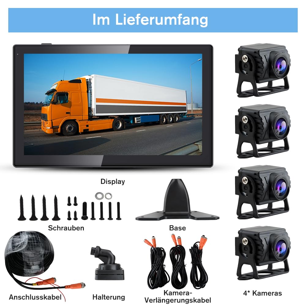 Junsun Rückfahrkamera 4 Kameras mit 10,1 Zoll Geteiltem Bildschirm HD Rückfahrmonitor für Auto, LKW, Bus & Wohnmobil, Rückfahrassistent, Dashcam