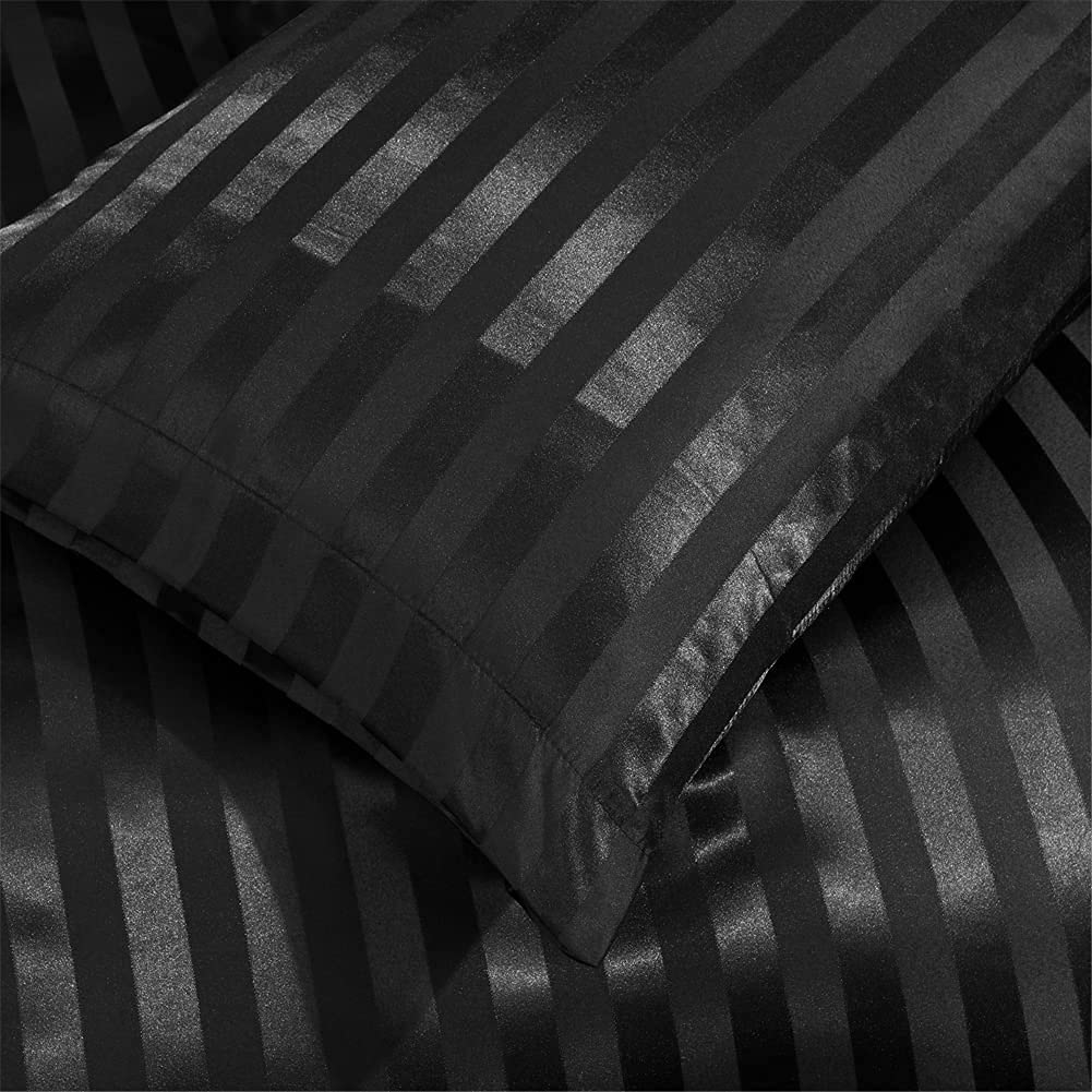 Juego de ropa de cama, negro, 240 x 260 cm, para adultos, satén, a rayas, para cama doble, satén, negro, monocolor, seda, lisa, brillante, juego de ropa de cama con cremallera y 2 fundas de almohada