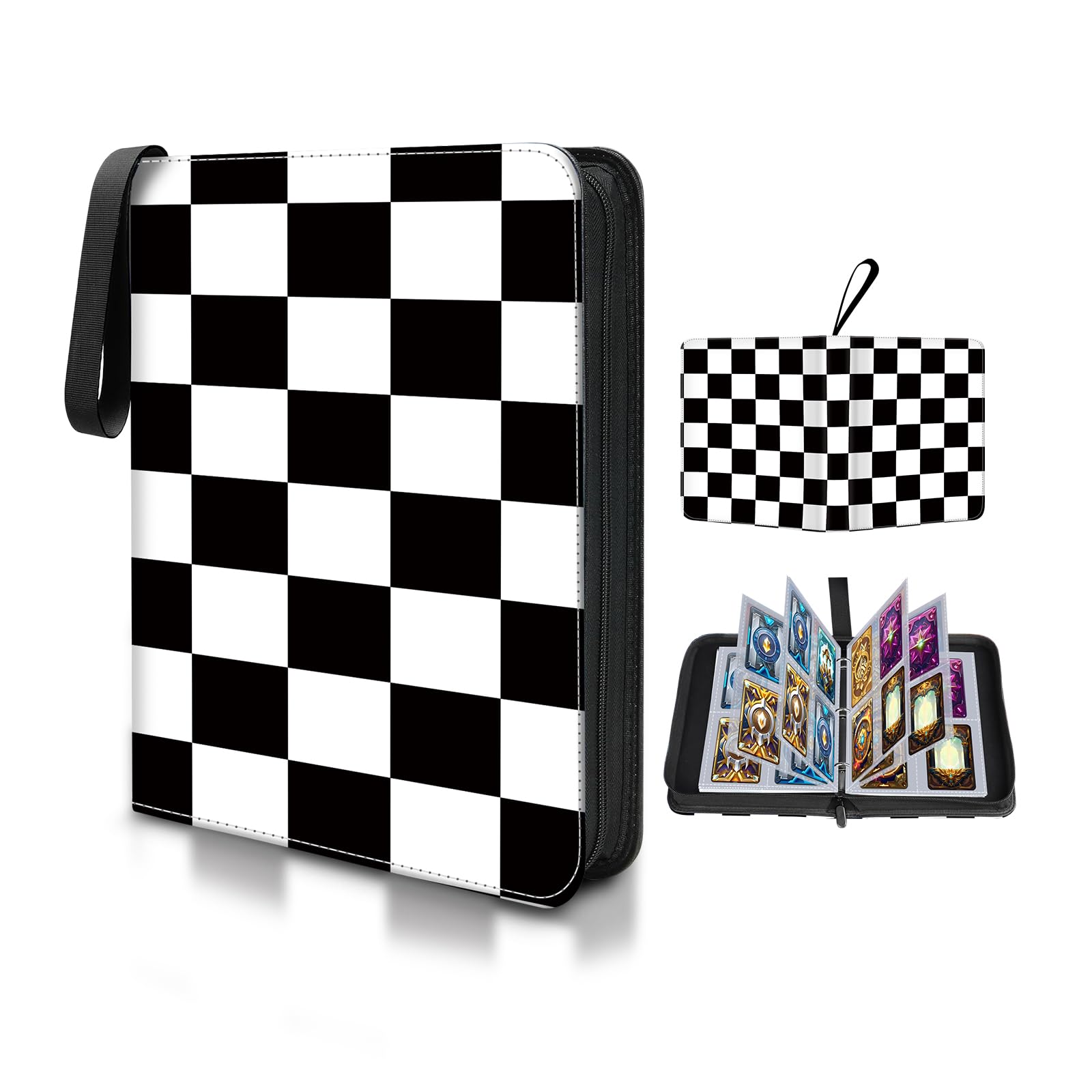 Card Binder 4 Pocket,Collectible Trading Card Albums Fits 400 Cards with 50 Removable Sleeves,Portable Trading Collection Album Holder,Game Card Case book With Zipper for Gifts,Blakc checkerboard