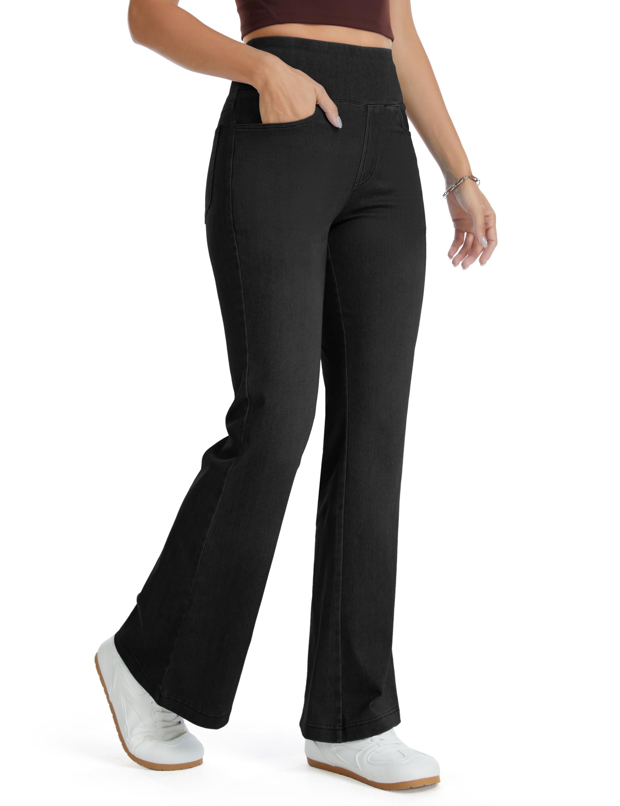 THE GYM PEOPLE Jeans Bootcut Donna Vita Alta Stretch Jeggings Zampa | Lunghezza Interna 74cm/79cm, 4 Tasche, Controllo Addome, Push Up, Slip-On, Traspirante, Morbido, Pantaloni Zampa Moda Yoga