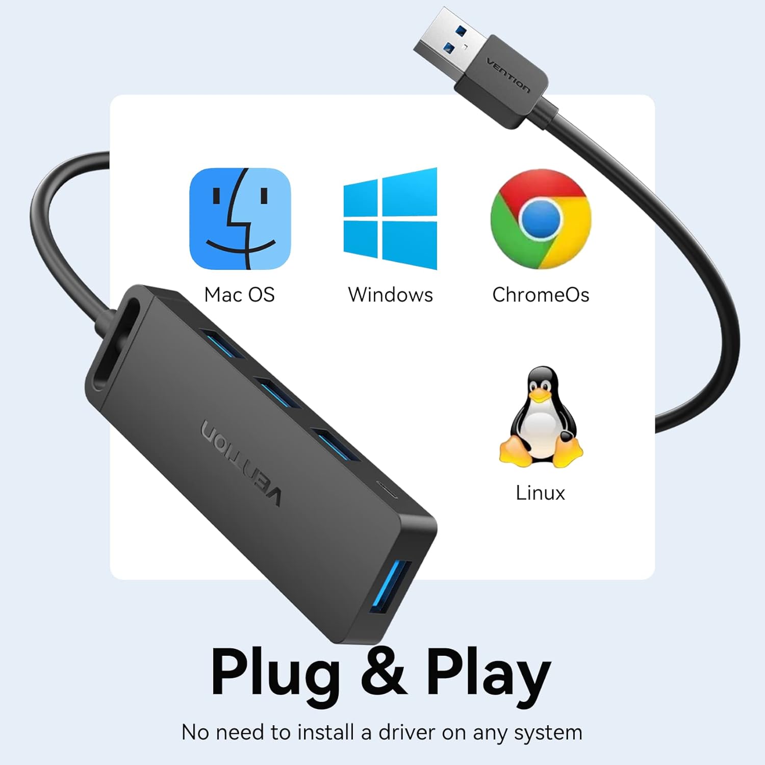 VENTION 4-Port USB 3.0 Hub connected to a laptop, with a blue LED indicator light on.