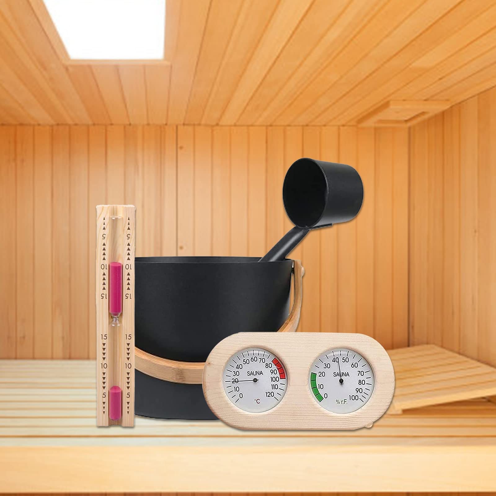 4PCS 7L Seau Pour Sauna, Set Complet Pour Sauna Seau Avec Louche En Bois Pin Finlandais Haute Qualité Accessoires Pour Sauna Seau Pour Infusion (Seau Pour Sauna+Louche+Thermomètre Hygromètre+Sablier)