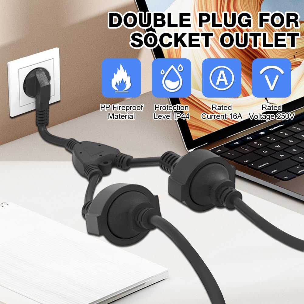 SGZIOO Dubbele stekker voor stopcontact, verlengkabel, kort met 2-voudig Schuko, waterdicht IP44, dubbele stekker voor buiten 1,5 mm², 16 A/250 V, stopcontact geaard contact voor kantoor, buiten