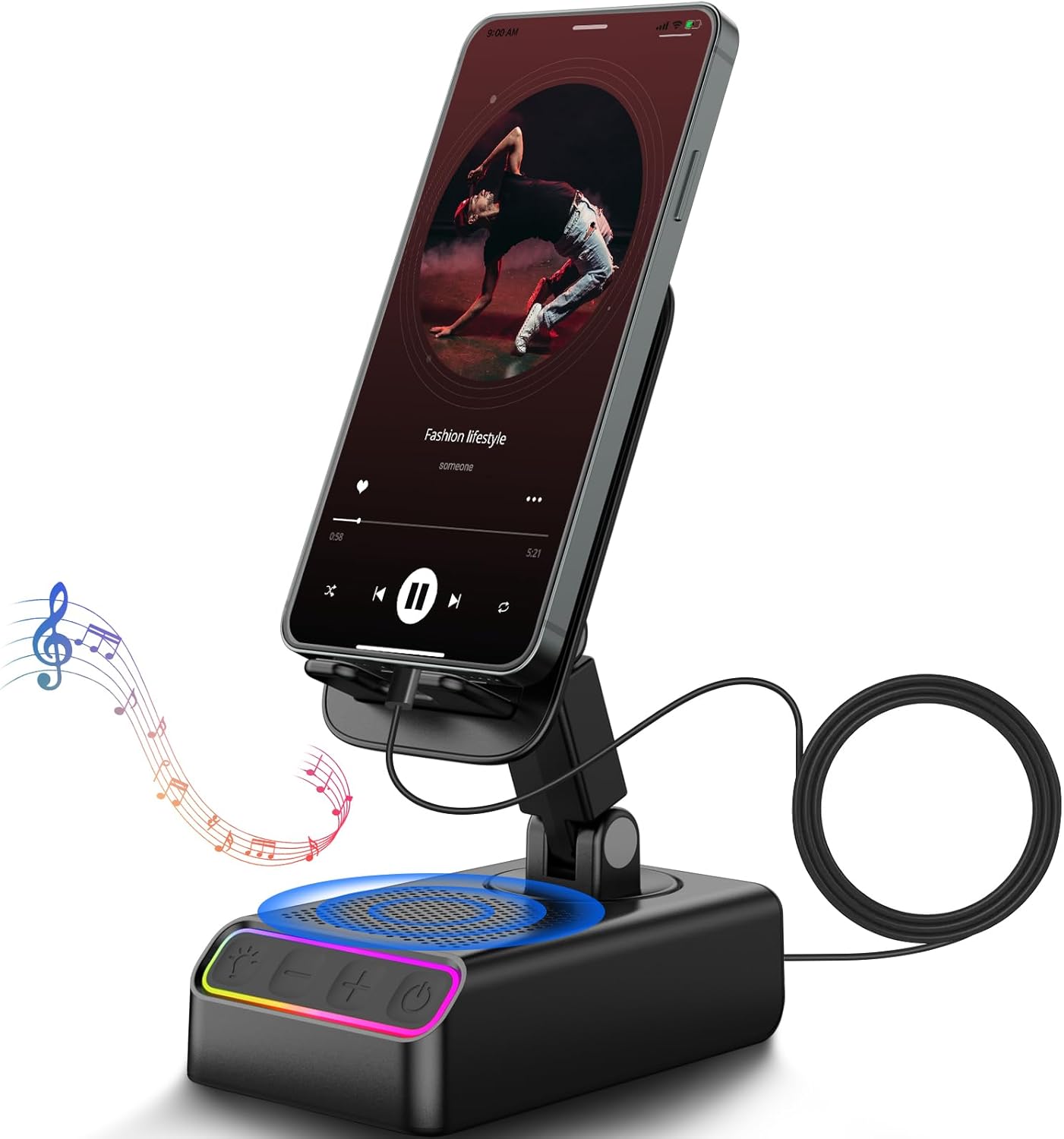 Wireless Induction Speaker, 5-in-1 Bluetooth Speakers Wireless Phone Stand with RGB Light, Desktop HD Surround Sound Suitable for All Phones and Tablets, Birthday Gift for Men Women