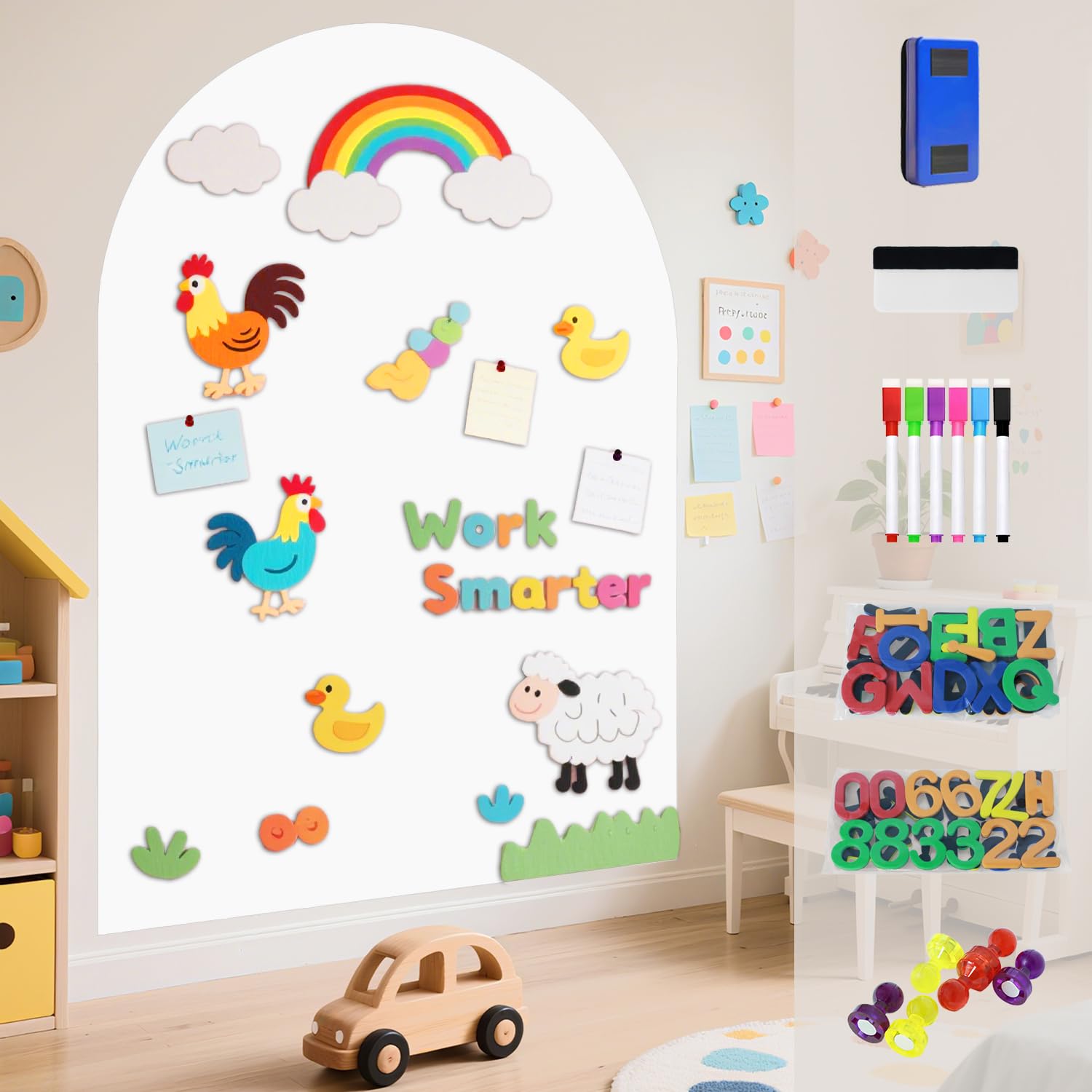 FOTSHARER Magnetic Wall Decal Magnetic Chalkboard Decal Play Wall White 100X80CM Self Adhesive Magnet Wallpaper Sticker with Letters and Color Chalk for Playroom School Home