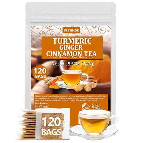 Miniatura 1 de 120 bolsas de té de mezcla de cúrcuma, jengibre y canela, 100% naturales y sin aditivos y sin cafeína.