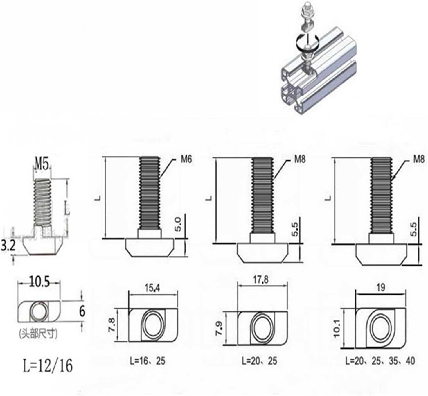 T-Head Bolts Hammer Head Bolt t Screw 10/20/30pcs T-Bolt Screw M5 T Hammer Head 2020 Aluminum Fastener Connector Length 10mm/12mm/16mm/20mm/25mm 30pcs,M5x25(M5x20)
