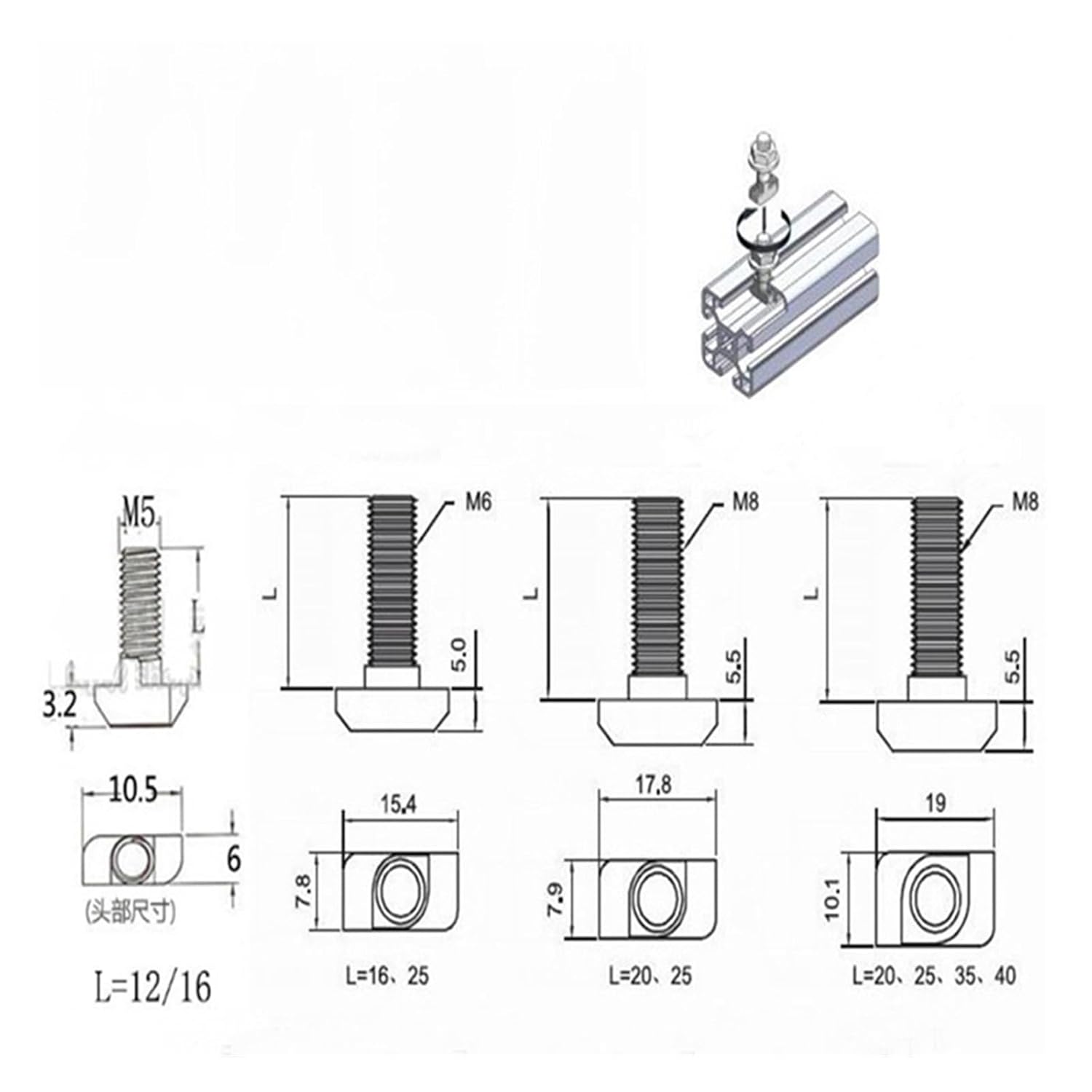 10/20/30pcs T-Bolt Screw M5 T Hammer Head 2020 Aluminum Fastener Connector Length 10mm/12mm/16mm/20mm/25mm (Size : M5x20, Color : 30pcs)